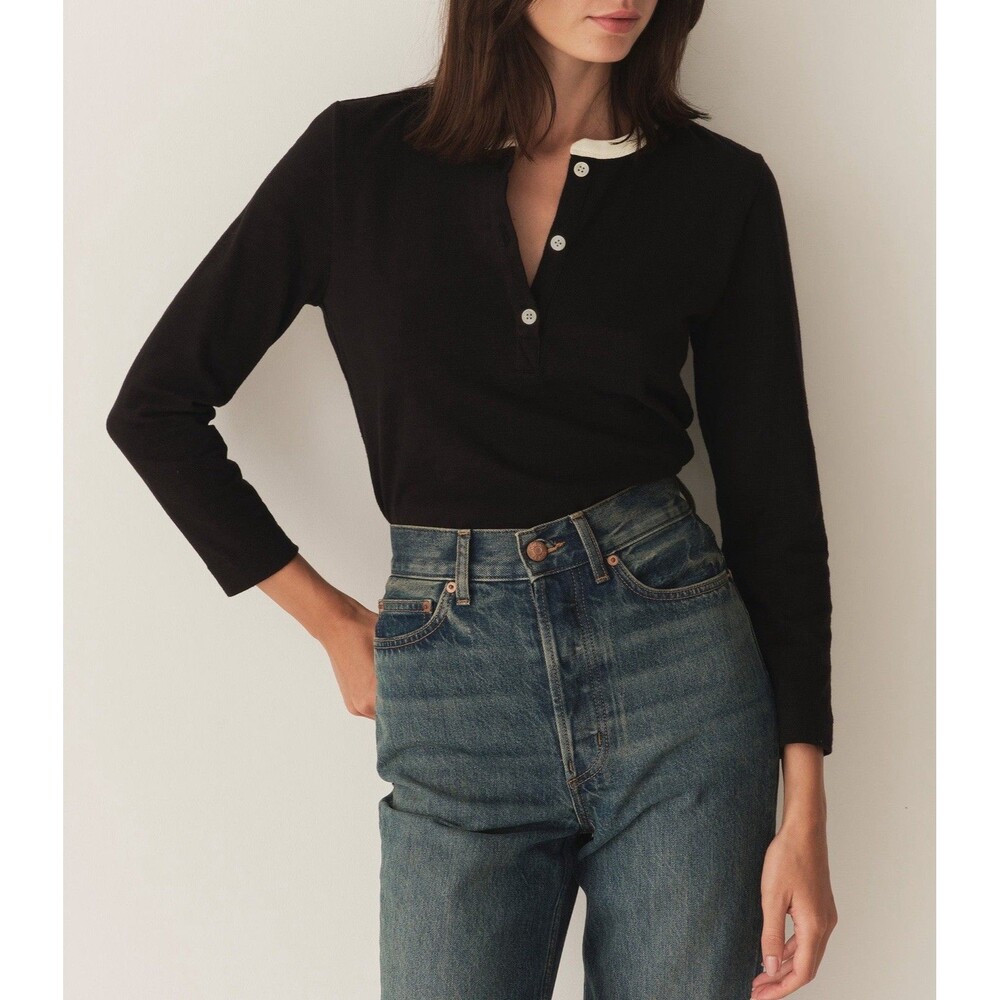 Dôen Sz Small Black White Collar Buttons Long Sleeve Clover Tee